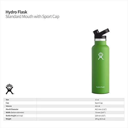 Hydro Flask 21 oz Double Wall Vacuum Insulated Stainless Steel Sports Water Bottle, Standard Mouth with BPA Free Sport Cap, Frost